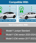 Tesla Model Y Juniper Plus Model 3 Highland Matte Screen Protector compatibility chart with vehicle models and years.