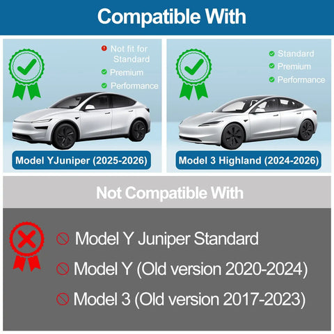 Tesla Model Y Juniper Plus Model 3 Highland Matte Screen Protector compatibility chart with vehicle models and years.