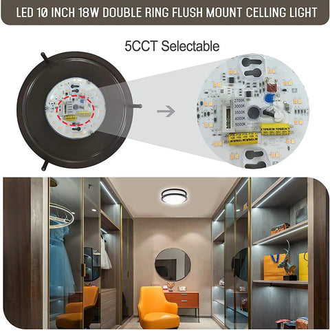 LED Double Ring Flush Mount Ceiling Light Twin Pack With 5CCT Selectable 2700K-5000K, Dimmable 5%-100%, 120V, ceiling installation view