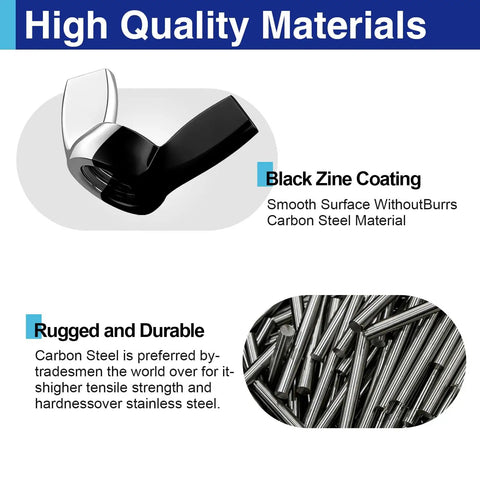 Close-up of zinc-plated black finish butterfly fasteners, highlighting smooth carbon steel surface for 50 Piece M6 M8 M10 Wing Nuts Assortment Kit.