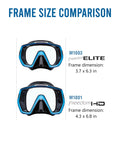Freedom HD Scuba Mask With Ultra Wide 180-Degree View, comparison with Freedom Elite mask, dimensions 4.3 x 6.8 in