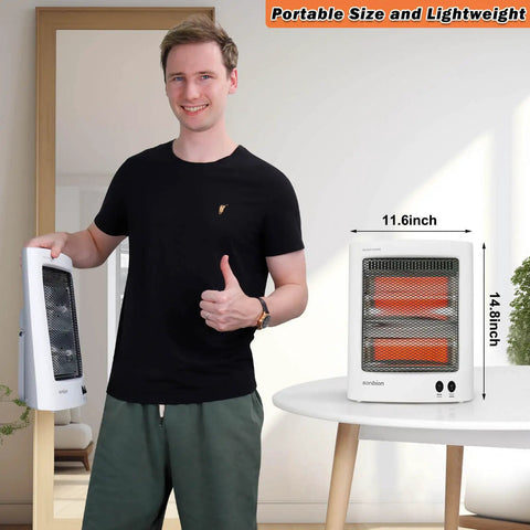 Person holding Portable Infrared Space Heater With Quartz Heating Element For Toasty Warmth, size dimensions shown