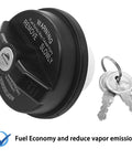 Locking Gas Cap For Dodge Ram 1500 2500 3500 And More Heavy Duty Locking Fuel Cap with keys next to fuel economy text