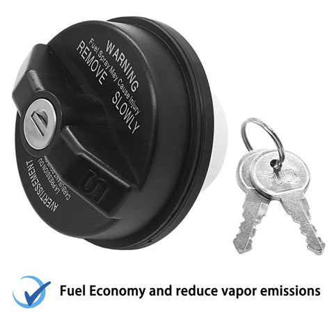 Locking Gas Cap For Dodge Ram 1500 2500 3500 And More Heavy Duty Locking Fuel Cap with keys next to fuel economy text
