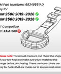 Diagram of RAM 2500 3500 Front Tow Hook Covers Hitch Cover Custom Fit 2019 2026 Red Truck Ready Style Durable Front Bumper