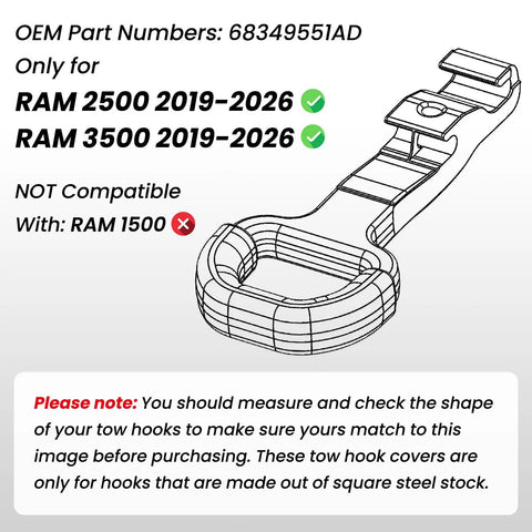 Diagram of RAM 2500 3500 Front Tow Hook Covers Hitch Cover Custom Fit 2019 2026 Red Truck Ready Style Durable Front Bumper