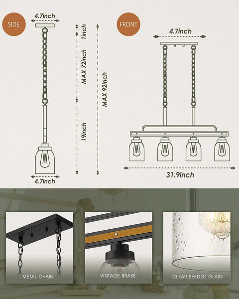 Dimensions and details of Farmhouse Linear Pendant Lighting For Kitchen Island 4 Light Fixtures With Black And Vintage Brass Finish