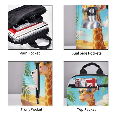 Cool Giraffe Desert Print Sunglasses Dual-Shoulder Backpack with pockets, lightweight daypack for work travel, durable polyester canvas.