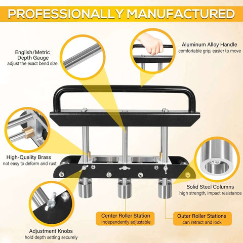 Three Station Edge Roller Bead Bender showing details of components and materials including handle, roller stations, and depth gauge.