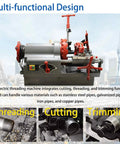 Heavy Duty Workhorse Electric Pipe Threader For 1/2 To 3 Inch Lines With Smart Oil System And 750W Copper Motor Delivers Beast Mode 110V High Torque Cutting Threading And Reaming For Galvanized Steel Water Pipes in action, showcasing cutting and threading functions.