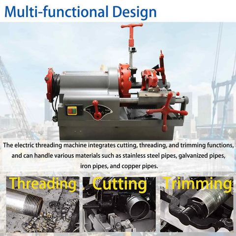 Heavy Duty Workhorse Electric Pipe Threader For 1/2 To 3 Inch Lines With Smart Oil System And 750W Copper Motor Delivers Beast Mode 110V High Torque Cutting Threading And Reaming For Galvanized Steel Water Pipes in action, showcasing cutting and threading functions.