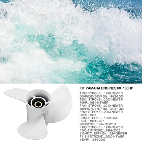 OEM Aluminum Outboard Boat Propeller For Yamaha 60-115 HP Engines 3 Blade Right Rotation 15 Spline 13.5 Pitch on white background