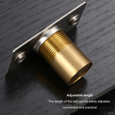 Close-up of Solid Brass Closet Door Ball Catch Latch Set with adjustable length, featuring rust resistant stainless steel finish.