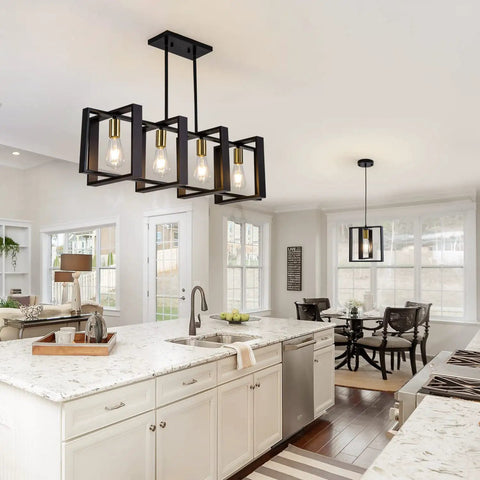 Farmhouse Kitchen Island Lighting Black Chandelier Set With Wooden Rectangular Frame Ideal For Dining Room Ceiling Hanging Industrial Four Light Pendant Fixtures Over Table In Rustic Modern Style installed in kitchen