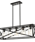 Boss Level Farmhouse Linear Chandelier with Textured Seedy Glass Shades, five-light Matte Black finish, adjustable rods