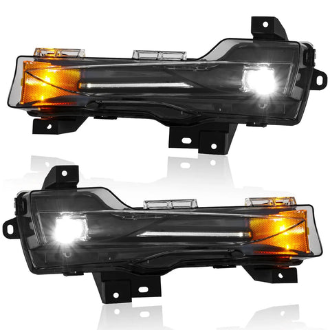 Heavy Duty LED Fog Light Kit For 2017 To 2022 Tesla Model 3 And 2019 To 2024 Model Y Slick Front Bumper Lamps pair showing clear lenses and black housing.