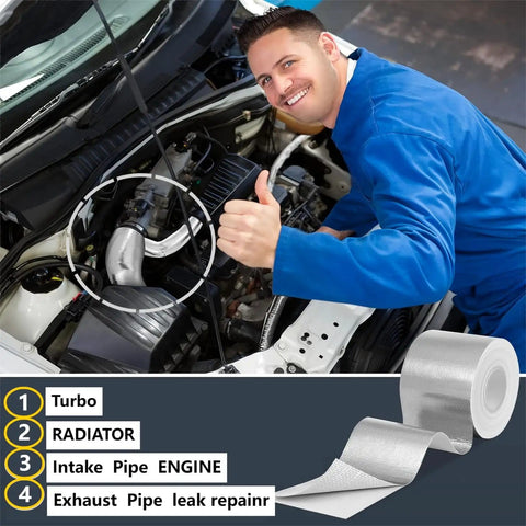 High Temperature Glass Fiber Reflective Heat Barrier Tape With Adhesive Backing For Car Intake Pipes And Engine Bay roll shown