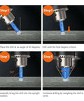 Five 3/16 in dry diamond core drill bits for ceramic tile; step-by-step guide showing 45° start and upright drill