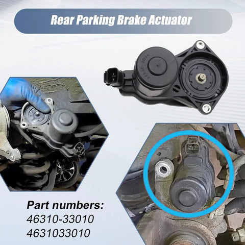 Zero Fuss Direct Swap Rear Parking Brake Actuator For Toyota Camry Rav4 installed on vehicle, showcasing part details and fitment.