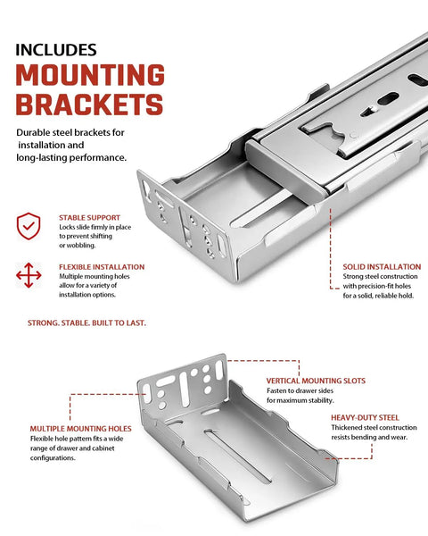 Soft Close Drawer Slides 22 Inch Full Extension Side Mount 5 Pack With Ball Bearing Rails And Mounting Brackets For Kitchen Cabinets And Dressers Quiet Smooth And Rust Resistant Replacement Hardware showing steel mounting brackets.