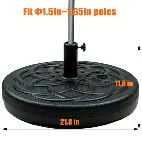 Close-up of round Water Filled 55 Lb Patio Umbrella Base Stand Heavy Duty with UV Stabilized Polymer Construction and Steel Tube