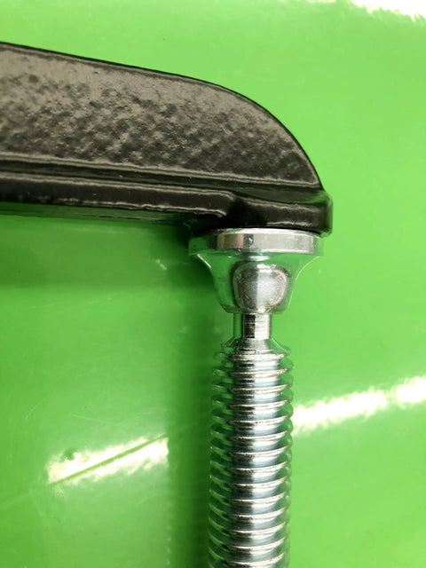 5 Inch Deep Throat U Clamp With About Two To Three Quarter Inch Jaw Opening And Five And A Half Inch Throat Depth, Malleable Steel Construction, Powder Coat Finish For Rust Resistance, Sliding T Handle For A Tight Grip, Lightweight 1.6 Lb. close-up of threaded screw