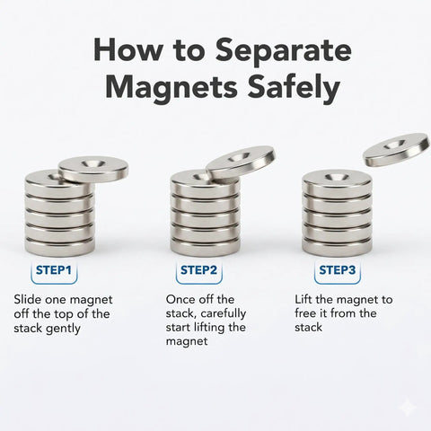 Step-by-step guide showing how to separate Heavy Duty N50 Neodymium Countersunk Disc Magnets securely and safely.
