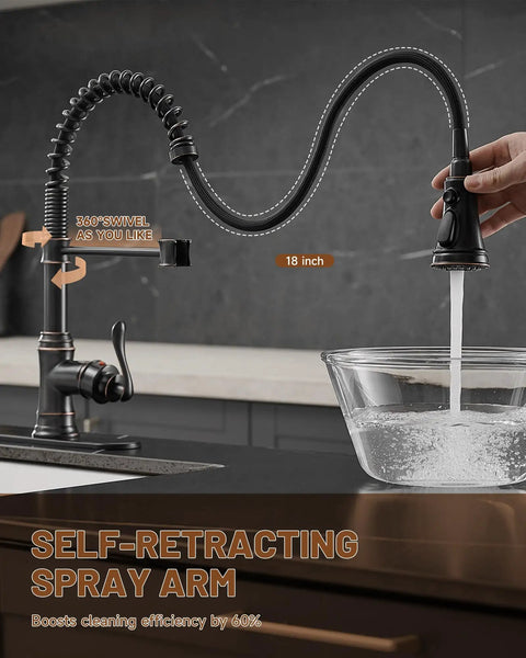 Oil Rubbed Bronze Kitchen Sink Faucet With Pull Down Sprayer, 3 Spray Modes, Solid Brass, high arc design with stream mode