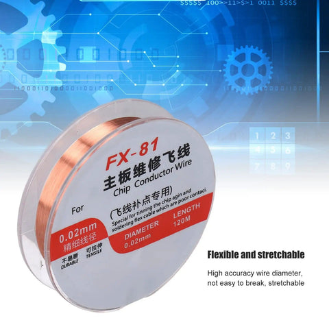 Spool of chip conductor wire, 0.02mm diameter, labeled FX-81, flexible and stretchable, with gears illustration in background.