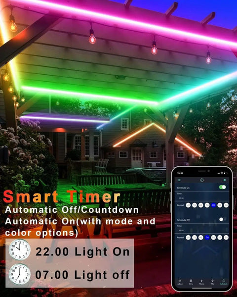 Outdoor LED Strip Lights Waterproof 100 Ft 6 Rolls Of 16Ft 4In IP65 Ultra Long RGB 5050 on pergola with app control