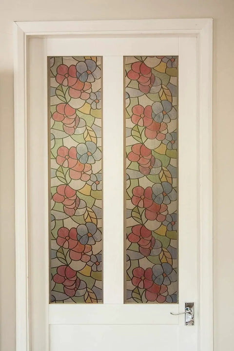Door with Lisboa Red Self-Adhesive Privacy Glass Window Film For Windows, Doors, Showers, And Glass Surfaces, Peel and Stick, 17x78 in