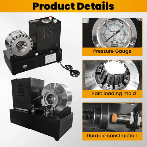 Heavy Duty 110V Electric Hydraulic Hose Crimper With Nine Premium Steel Dies, showing pressure gauge and durable construction.