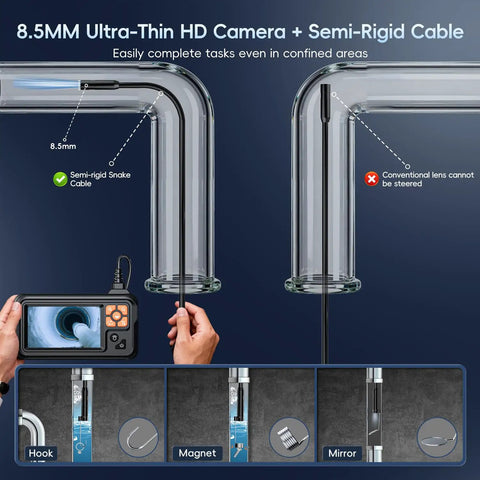 Heavy Duty Endoscope Borescope With Light 4.3 Inch HD Display showing camera in tight pipe with semi-rigid snake cable