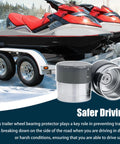 Trailer wheel bearing protector dust cap, 2-pack, for 1.980 in hub bore; silver metal finish (close-up).