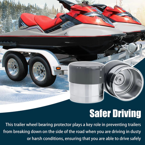 Trailer wheel bearing protector dust cap, 2-pack, for 1.980 in hub bore; silver metal finish (close-up).