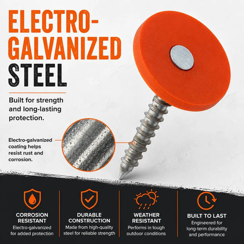 Badass One Inch Plastic Cap Nails Providing Lock Tight Ring Shank Grip Electro Galvanized Steel Roofing Fasteners with orange cap.