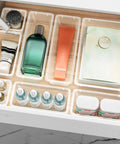 Must Have Grab And Go 12 Piece Drawer Organizer Set with 4 size trays, clear plastic vanity and makeup storage for cosmetics