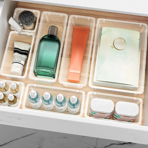 Must Have Grab And Go 12 Piece Drawer Organizer Set with 4 size trays, clear plastic vanity and makeup storage for cosmetics