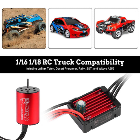 Beefed Up 2435 4800KV Brushless Motor And 25A Waterproof ESC Combo for 1/16 and 1/18 RC trucks with aluminum heatsink and copper windings.