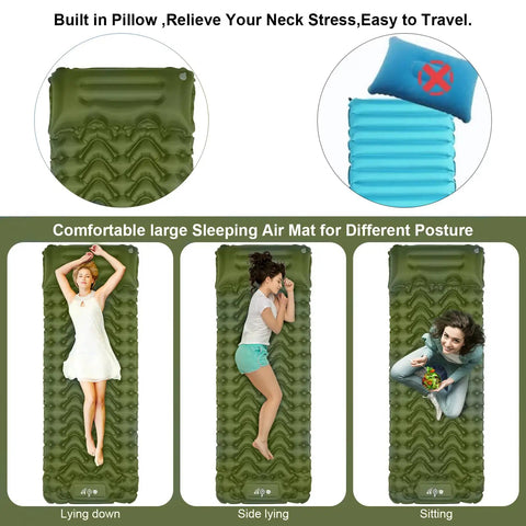Ultralight Camping Sleeping Pad With Built-In Pump For Backpacking, Inflatable Air Pad showing different reclining postures, green