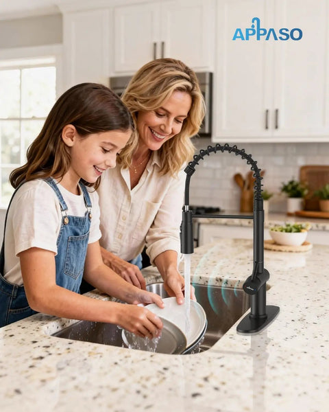 Mother and daughter using Matte Black Touchless Kitchen Faucet With Pull Down Sprayer, Hands Free Sensor in kitchen sink