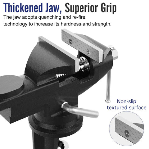Close-up of 3 Inch Universal Swivel Base Table Vise with thickened jaw and non-slip textured surface for superior grip.