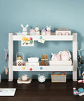 Clamp On Desk Shelf Organizer With Adjustable Two Tier Metal Rack And Four Hooks Space Saving Desktop Caddy holding stationery and decor.