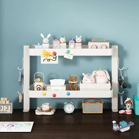 Clamp On Desk Shelf Organizer With Adjustable Two Tier Metal Rack And Four Hooks Space Saving Desktop Caddy holding stationery and decor.