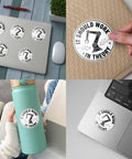 Three Pack It Should Work In Theory Stickers Set Funny Engineering Robot Arm Theme For Mechanical Engineers And Programmers Gift For Laptop, showing decals on laptop, water bottle, and notebook.