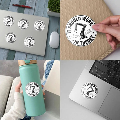 Three Pack It Should Work In Theory Stickers Set Funny Engineering Robot Arm Theme For Mechanical Engineers And Programmers Gift For Laptop, showing decals on laptop, water bottle, and notebook.