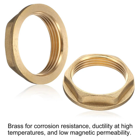 Real Deal Brass Faucet Lock Nut With Silicone Washer For G1 Female Pipe Threading Heavy Duty Kitchen Basin Sink Plumbing Tight Seal And Zero Hassle Install, showing two brass lock nuts with threaded interior.
