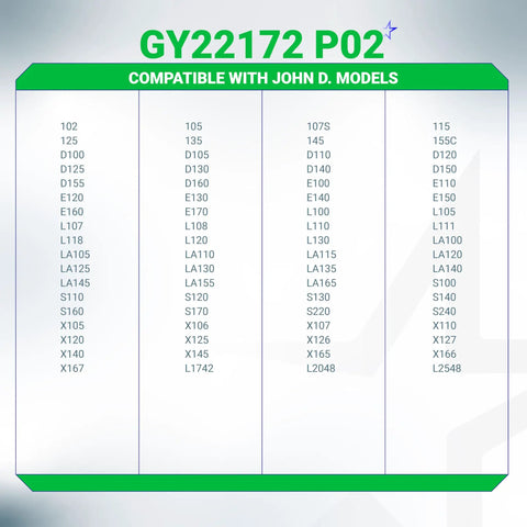 GY22172 P02 compatibility chart for John Deere lawn tractor models, lists various compatible model numbers.