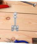 Heavy Duty Stainless Steel Sliding Door Pulley With Double Bearing Track Roller on a wooden surface with tools.
