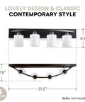 Diagram of four light bathroom vanity lights over mirror with modern glass shade panel in matte black finish, dimensions labeled